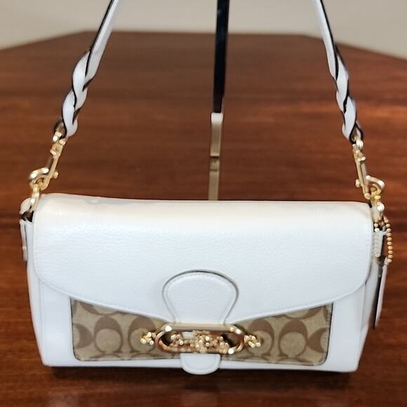 Coach Signature Canvas & White Leather Shoulder Bag – Gold Hardware.  Luxury - Picture 3 of 14